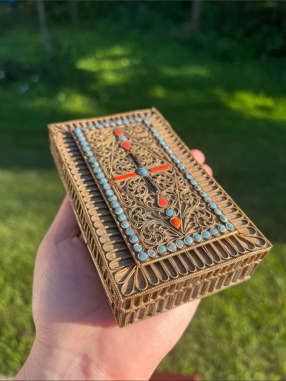 Antique Tibetan Chinese Brass Filigree Jewelry Box with Turquoise and Coral